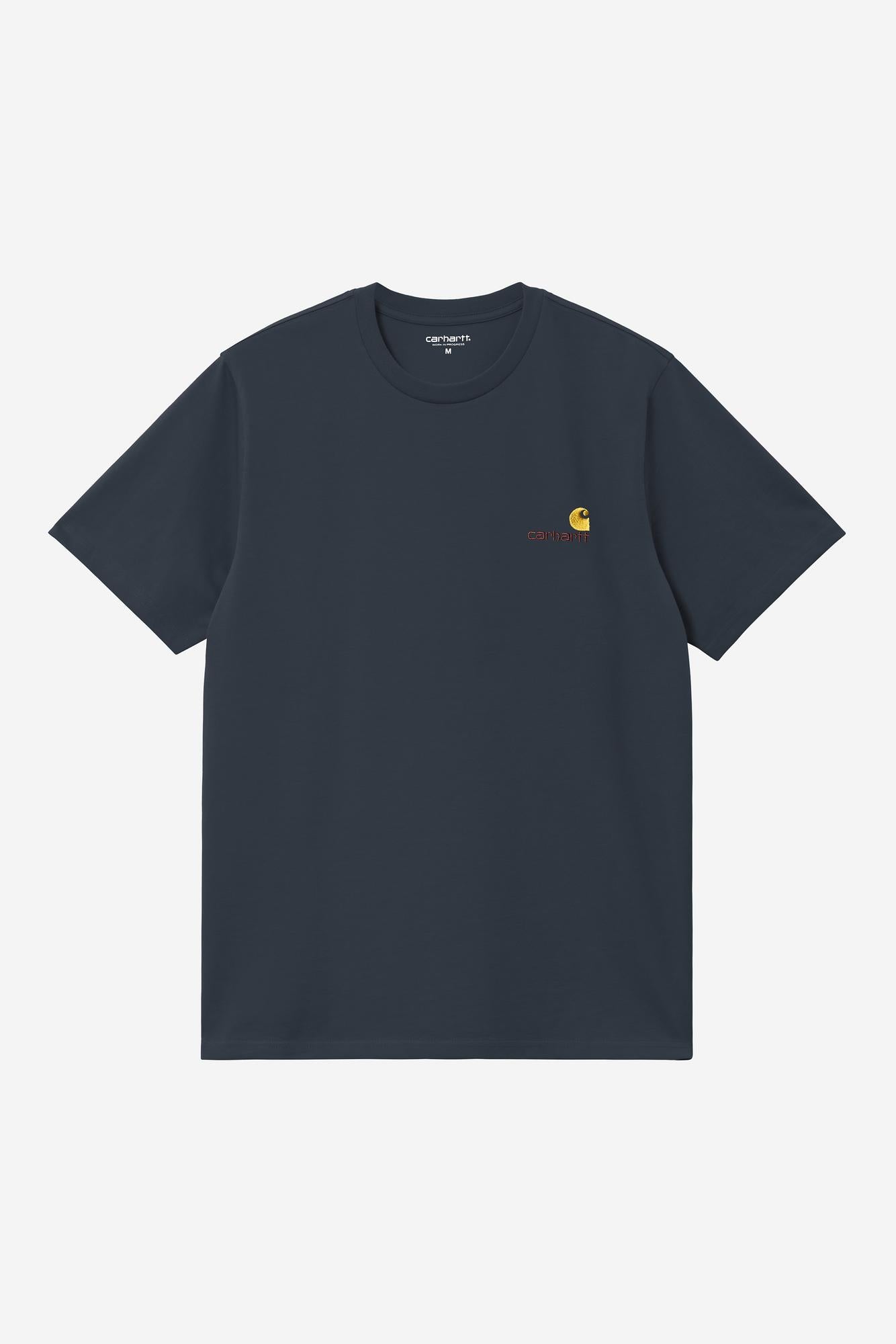 Navy t-shirt with a small logo on a white background