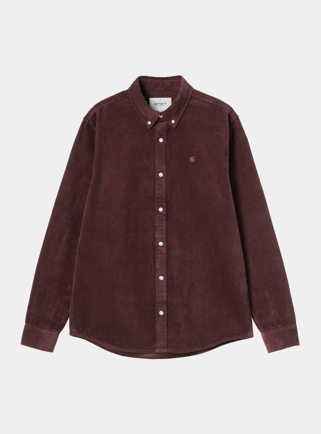 Carhartt WIP L/S Madison Cord Shirt in Amarone, front view, with button-down collar, chest logo and long sleeves.