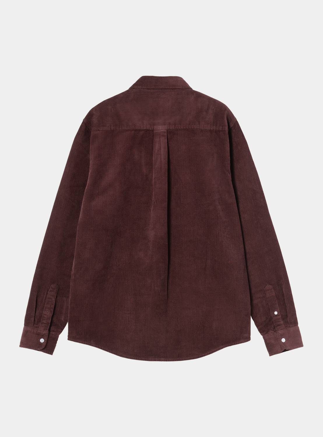 Back view of a Carhartt WIP L/S Madison Cord Shirt in Amarone, showing corduroy texture, long sleeves, button cuffs, and a curved hem.