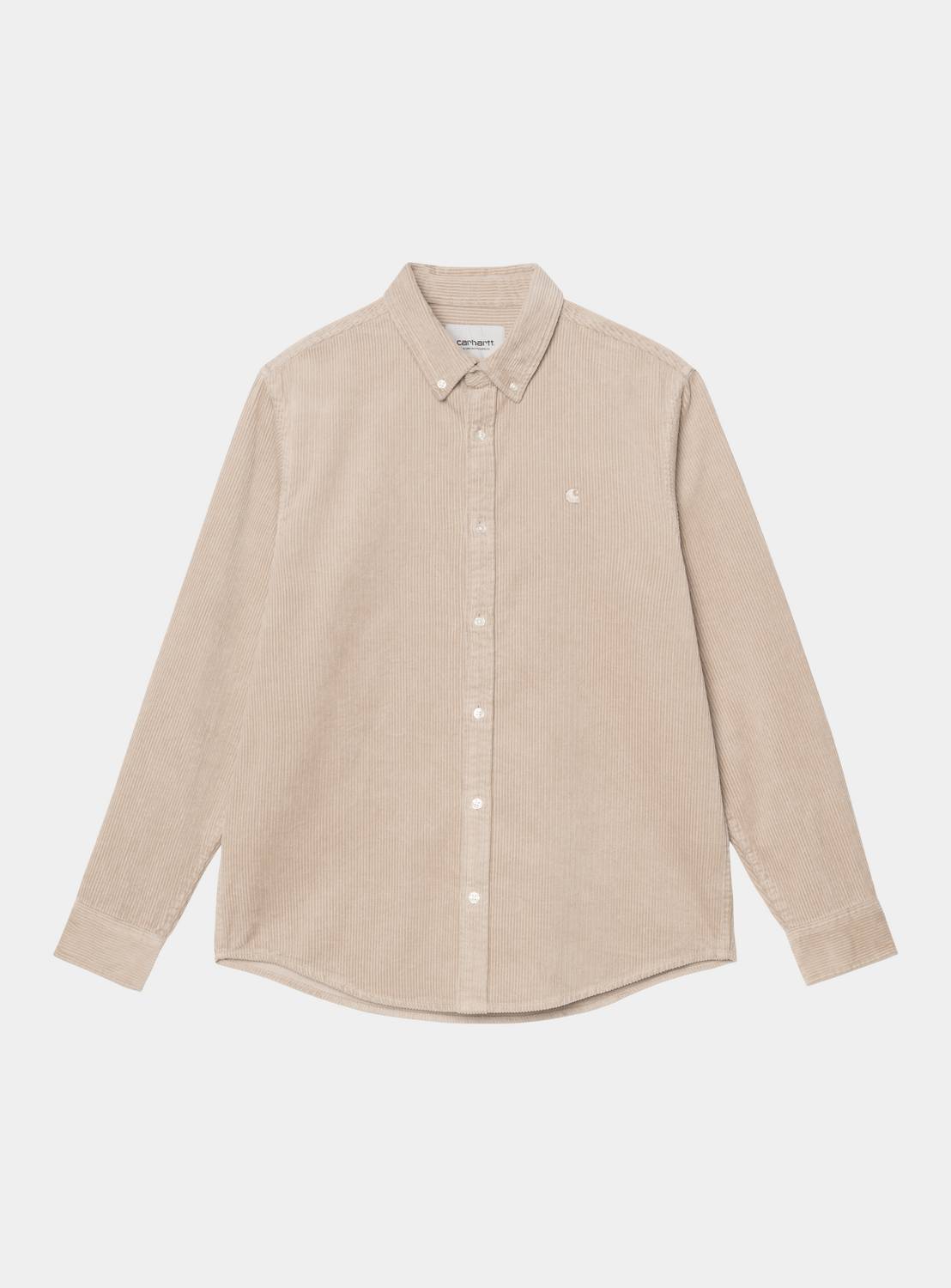 Carhartt WIP L/S Madison Cord Shirt in Wall, front view, with button-down collar, chest logo, and curved hem.