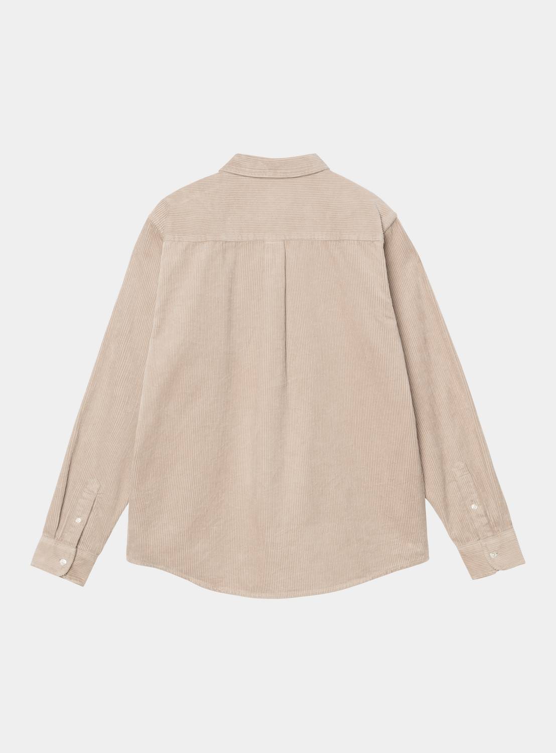 Back view of a Carhartt WIP L/S Madison Cord Shirt in Wall, showing corduroy texture, button cuffs, and a curved hem.