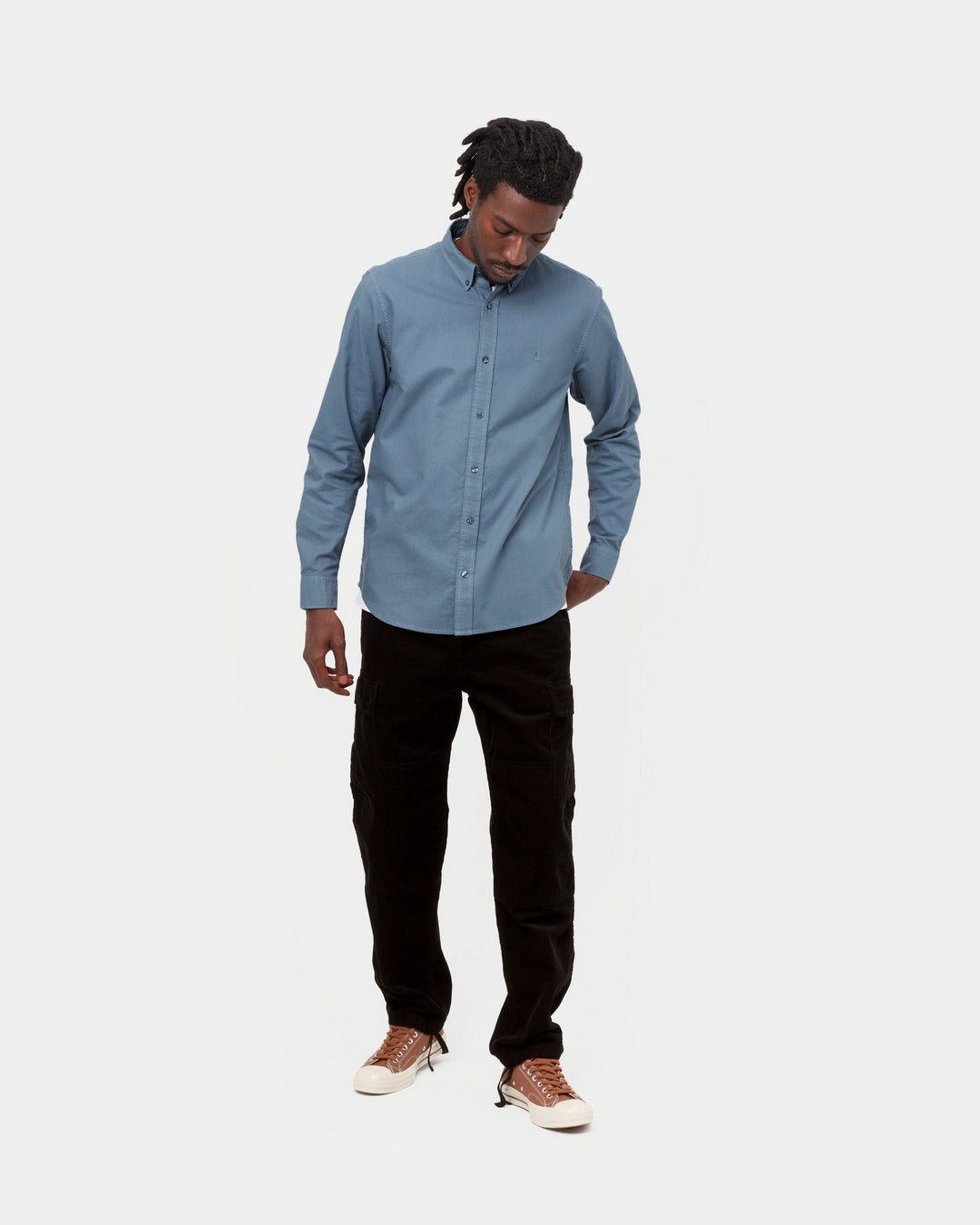 Carhartt WIP L/S Bolton Shirt in Icesheet, shown on model with button-down collar and chest logo.
