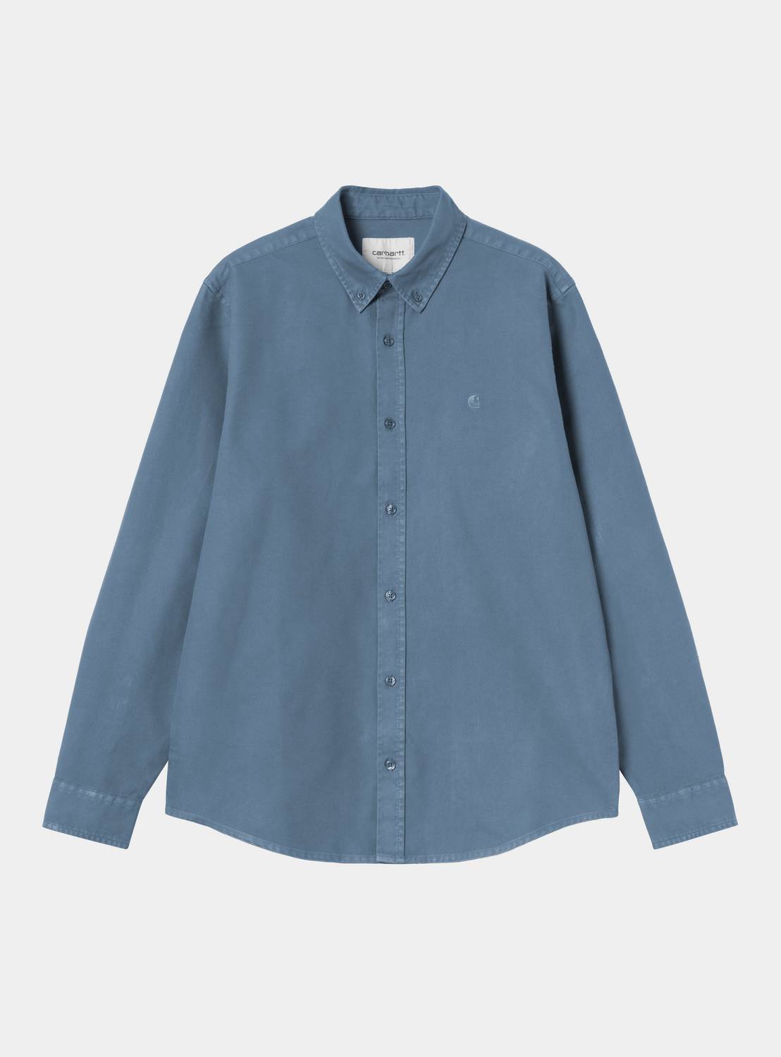 Carhartt WIP L/S Bolton Shirt in Icesheet, front view with button-down collar, long sleeves, and subtle chest logo embroidery.