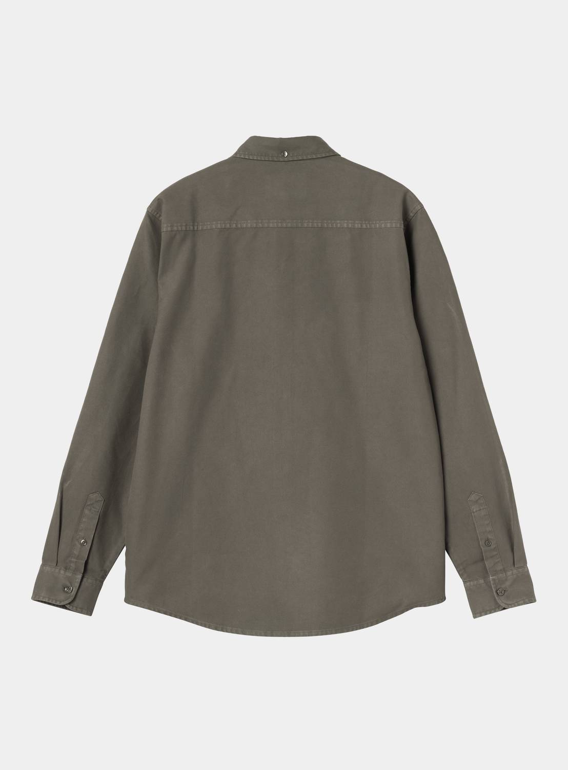 Back view of Carhartt WIP L/S Bolton Shirt in Shungite, showing the buttoned cuffs and curved hem.