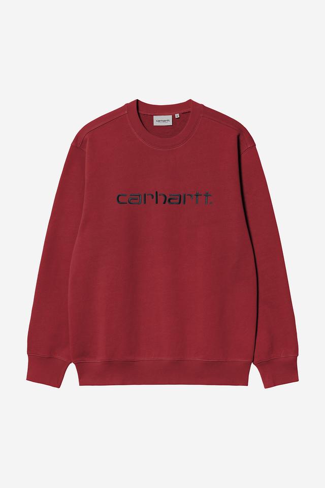 Red sweatshirt with black logo on a white background