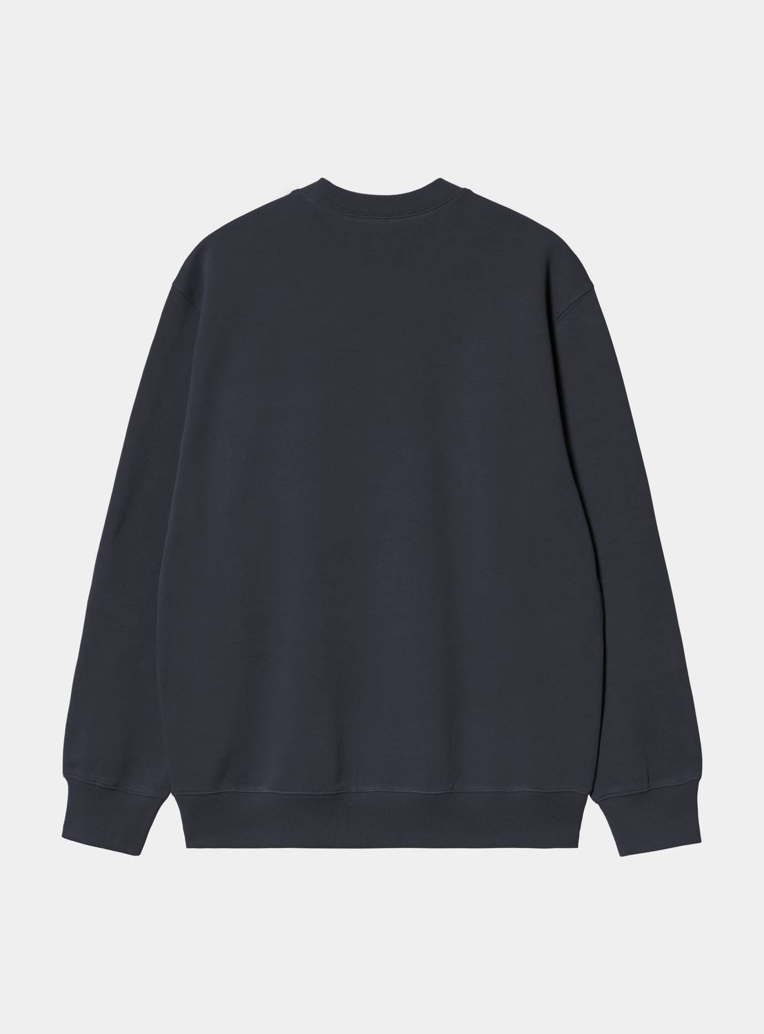 Carhartt WIP sweatshirt in Dark Navy / Dark Scarab, back view, with ribbed collar, cuffs and hem.