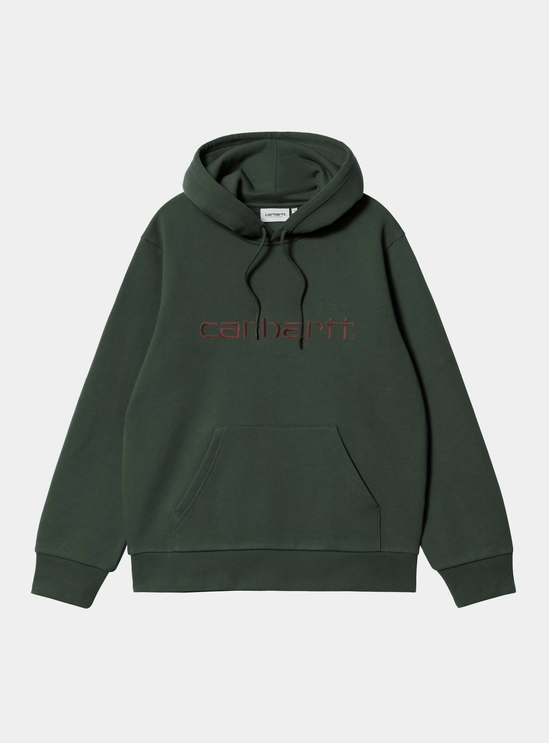Carhartt WIP Hooded Carhartt Sweatshirt in Dark Scarab / Palisander, front view, with embroidered logo and kangaroo pocket.