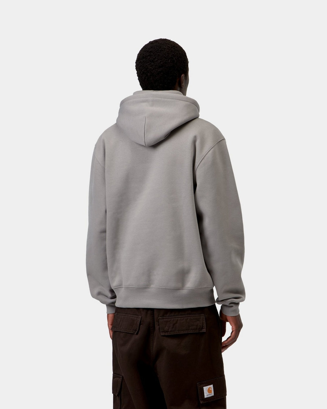 Carhartt WIP Hooded Carhartt Sweatshirt in Shady Grey / Dark Navy, back view with hood up, shown on model.