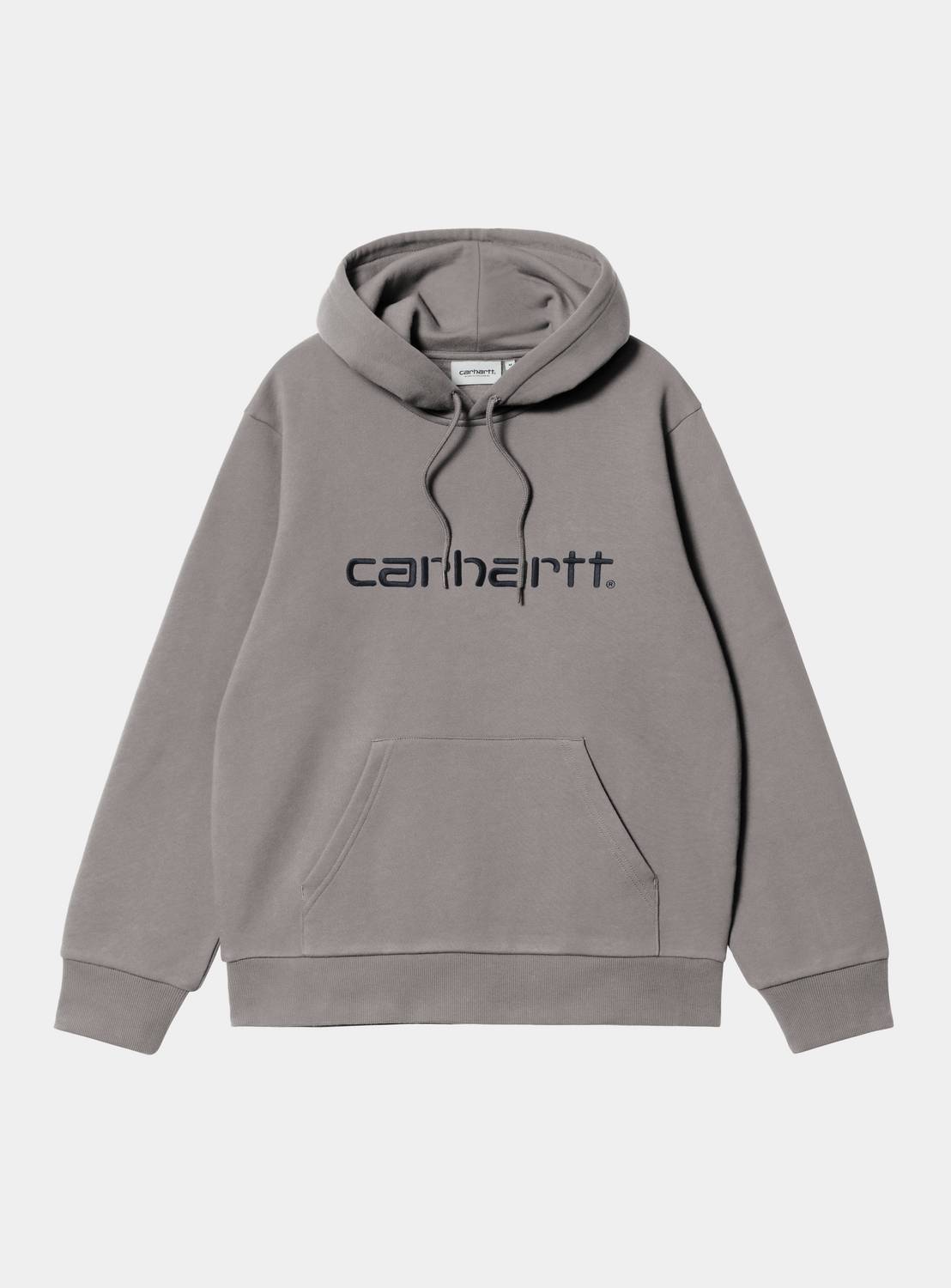 Carhartt WIP Hooded Carhartt Sweatshirt in Shady Grey / Dark Navy, front view with hood, kangaroo pocket and embroidered logo on chest.