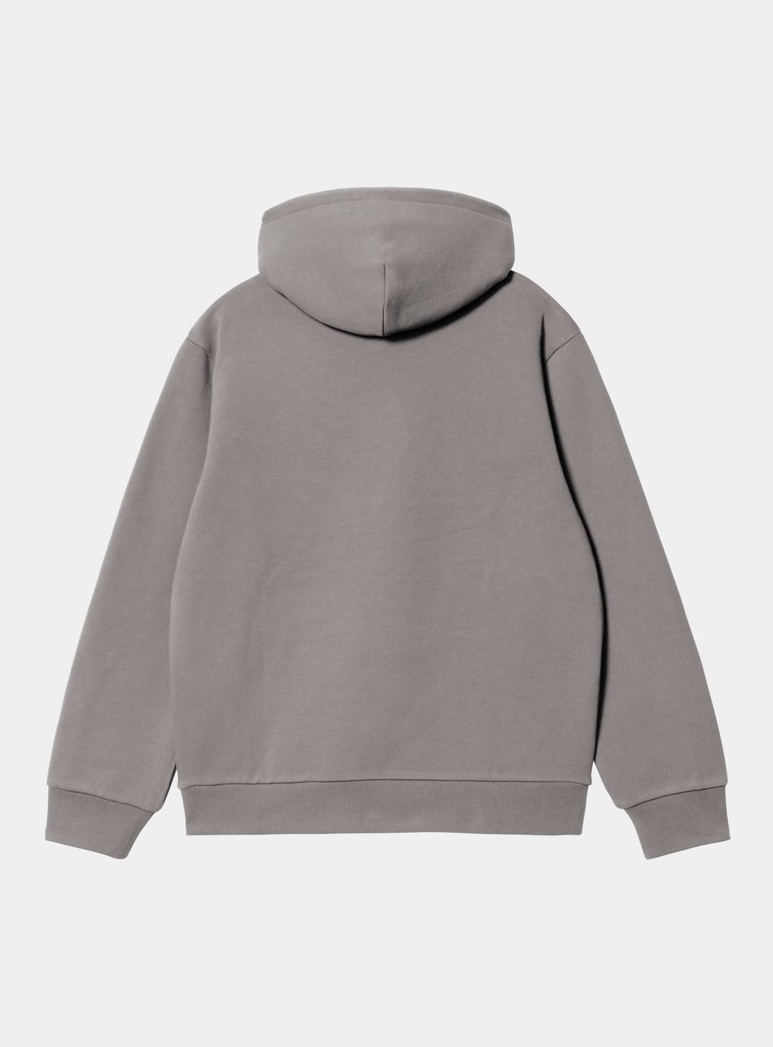 Back view of a Carhartt WIP Hooded Carhartt Sweatshirt in Shady Grey / Dark Navy, showing the hood, long sleeves, and ribbed hem and cuffs.