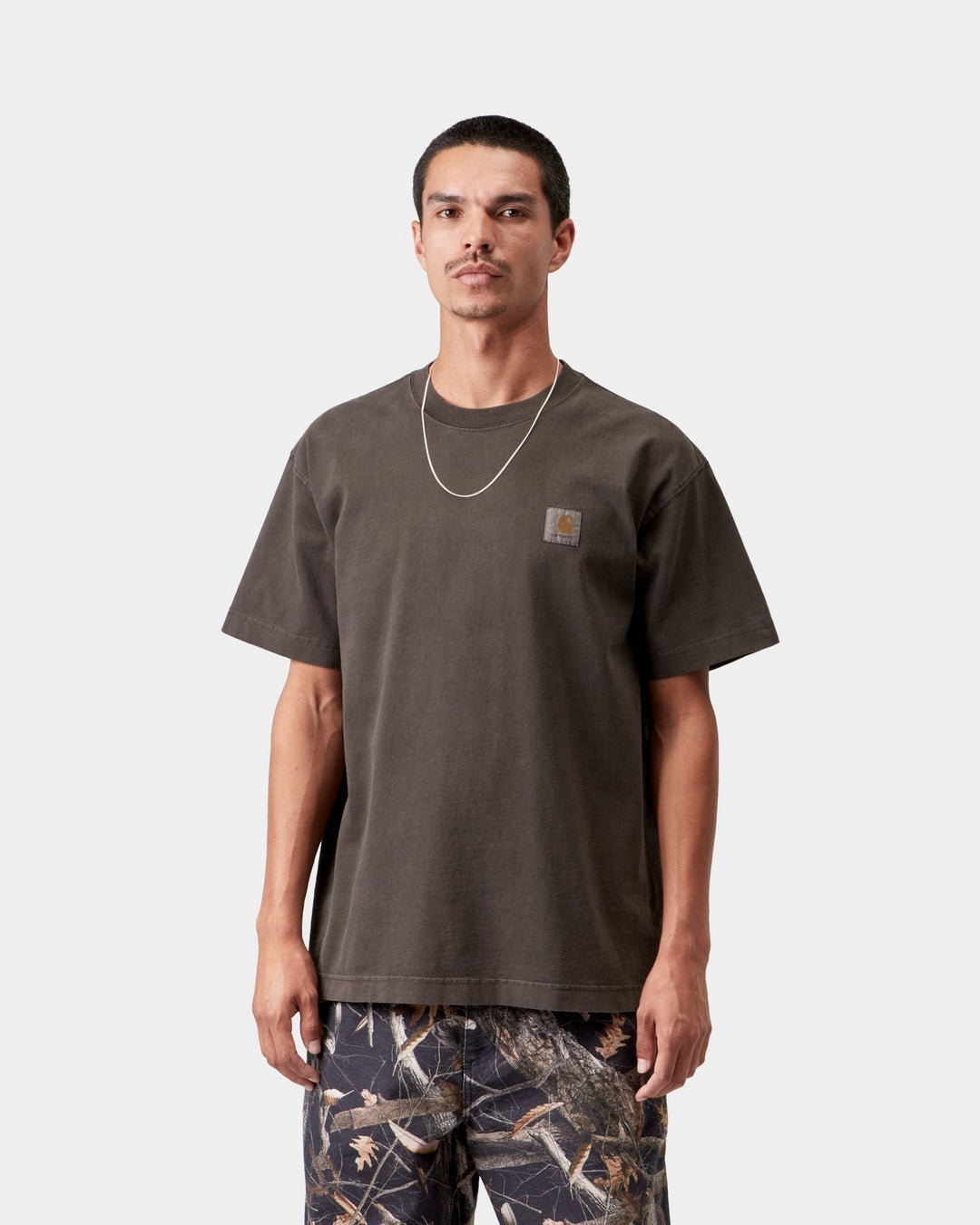 Carhartt WIP S/S Vista T-Shirt in Tobacco, front view, with short sleeves and a Square Label on the left chest, shown on model.
