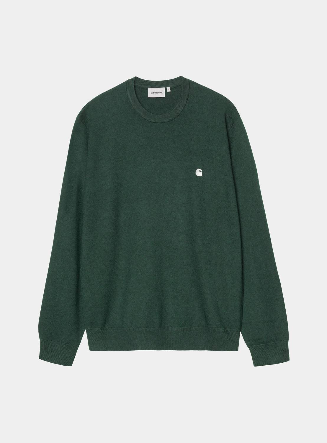 Carhartt WIP Madison Sweater in Dark Scarab / Wax, shown front view with embroidered chest logo and ribbed collar, cuffs, and hem.