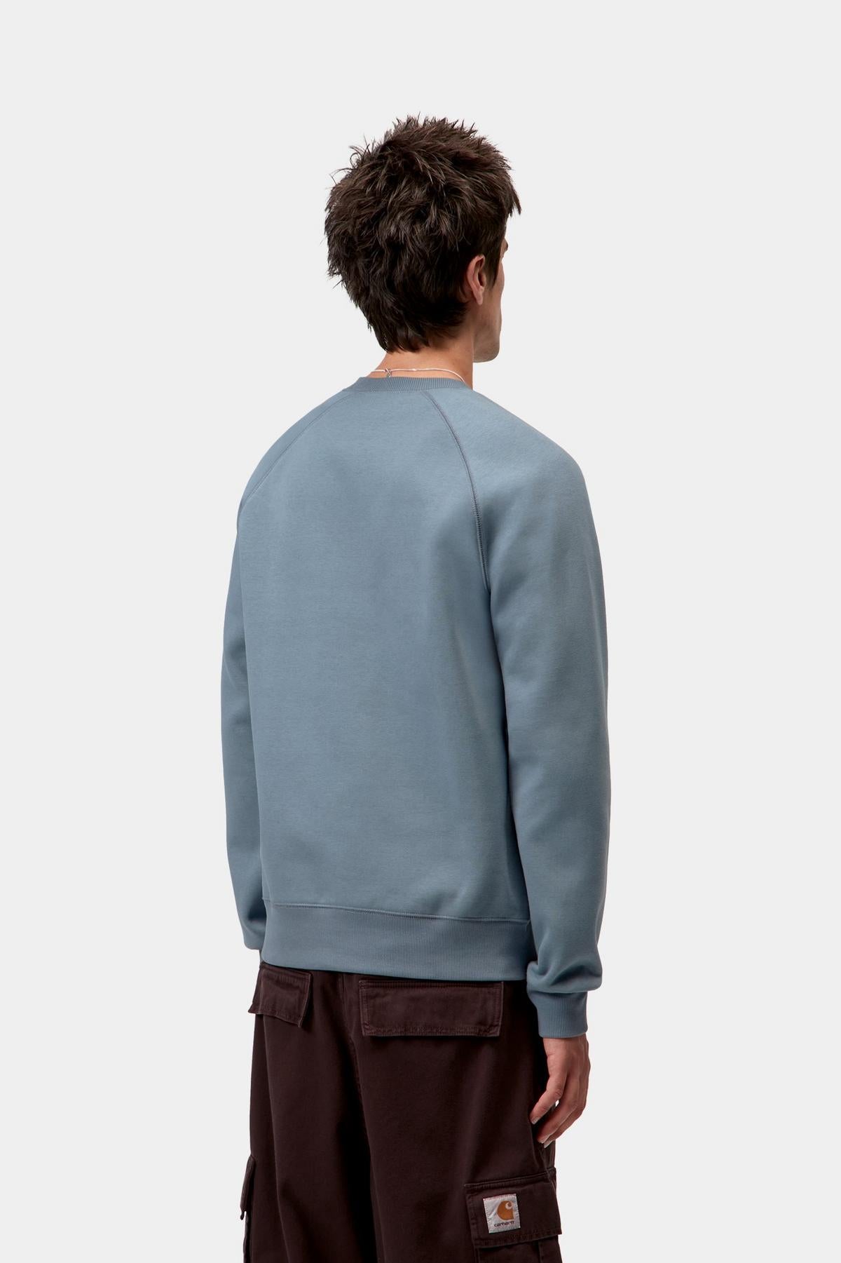 Person wearing a light blue sweatshirt on a white background