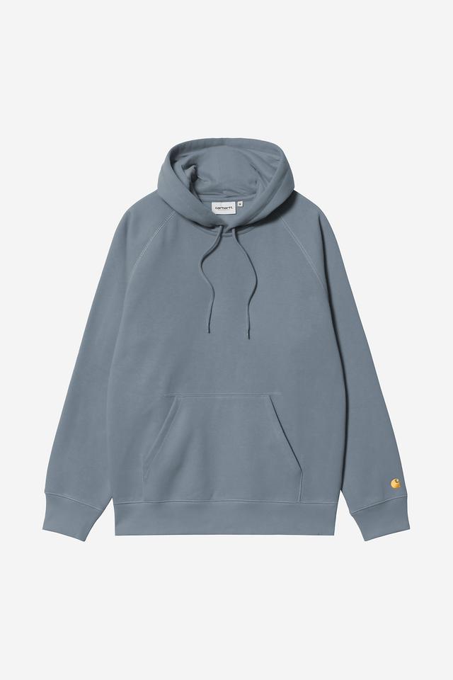 Blue hoodie with a brand logo on a white background