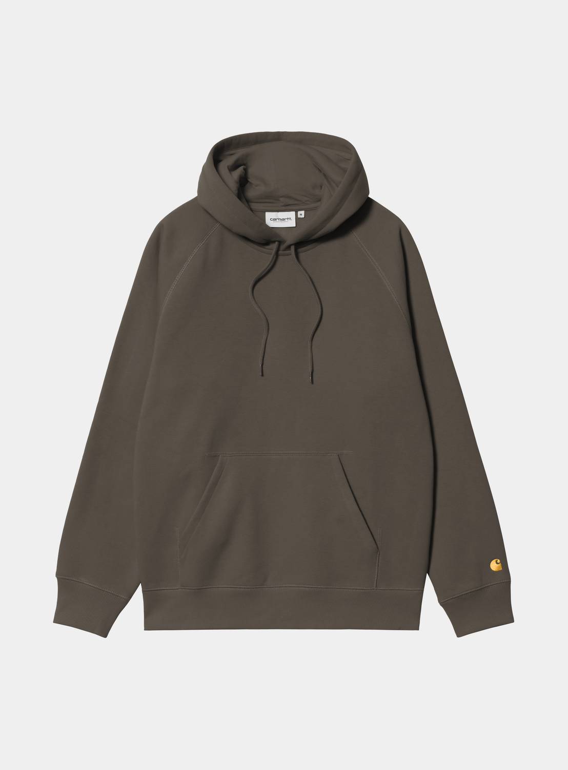 Carhartt WIP Hooded Chase Sweatshirt in Shungite / Gold, front view with hood, drawstrings, kangaroo pocket, and gold logo on the sleeve.
