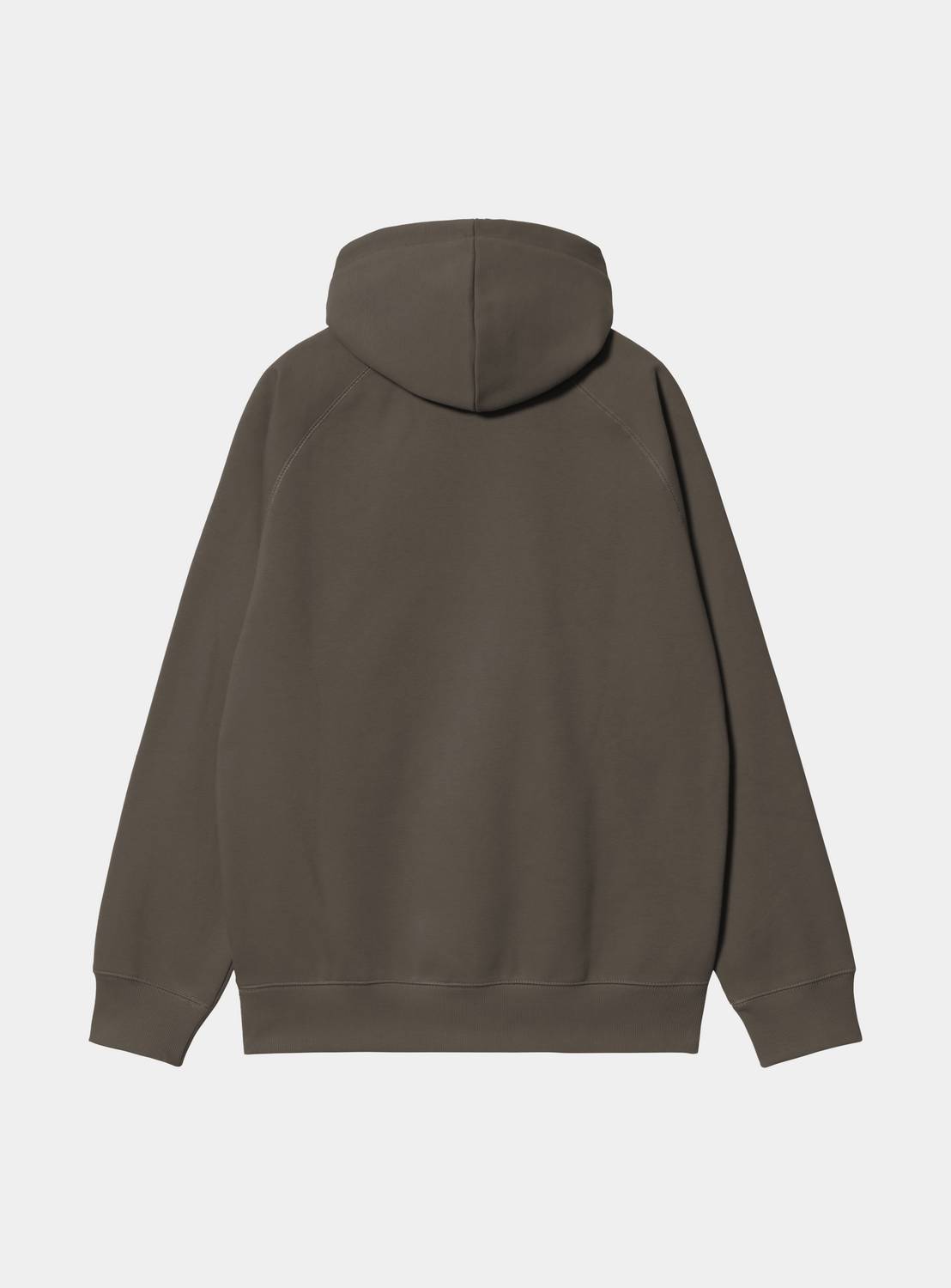 Back view of a Carhartt WIP Hooded Chase Sweatshirt in Shungite / Gold, showing the hood and long sleeves.