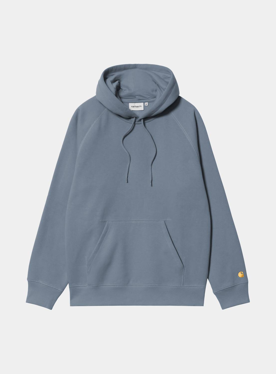 Carhartt WIP Hooded Chase Sweatshirt in Icesheet / Gold, front view with hood, drawstrings and embroidered C logo on the sleeve.