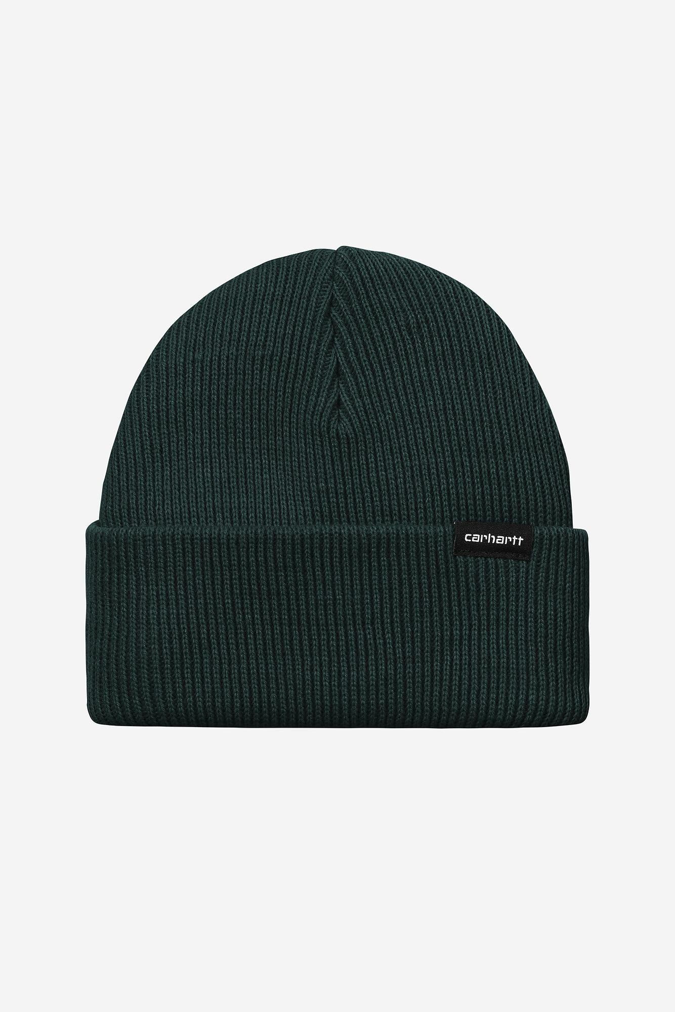Dark green beanie with Carhartt logo on a light gray background