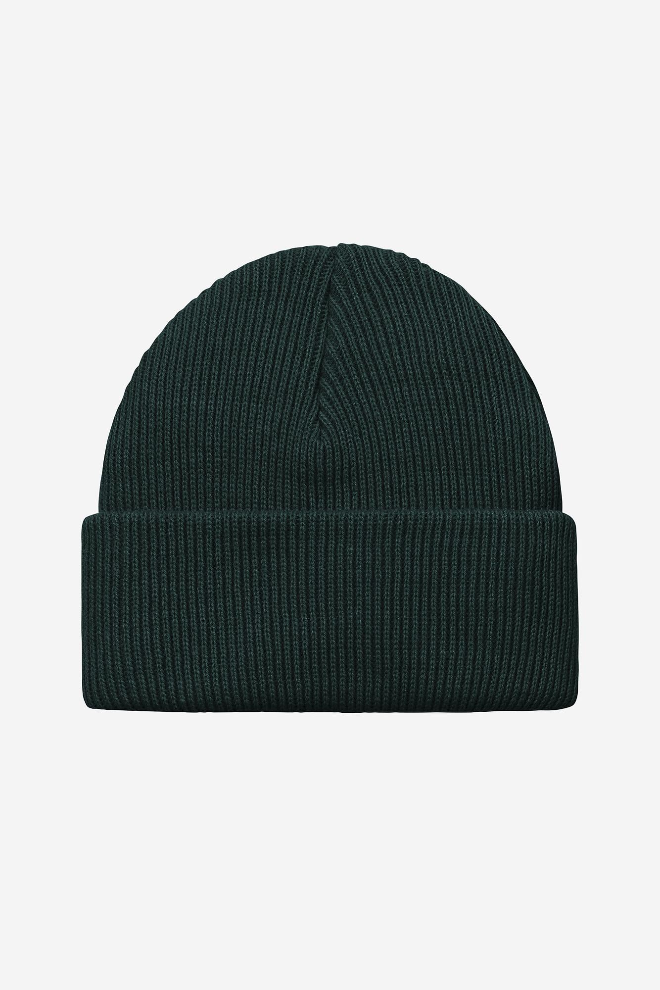 Dark green beanie hat on a light gray background