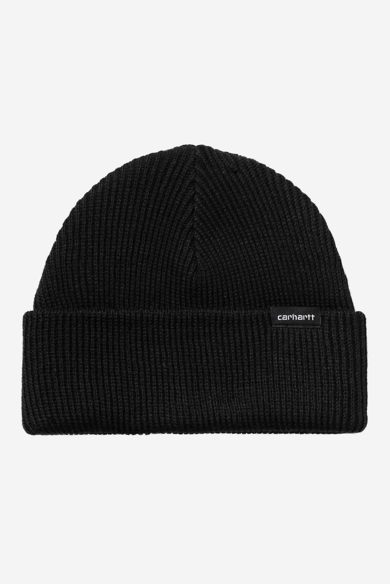Black knit beanie with Carhartt logo on a white background