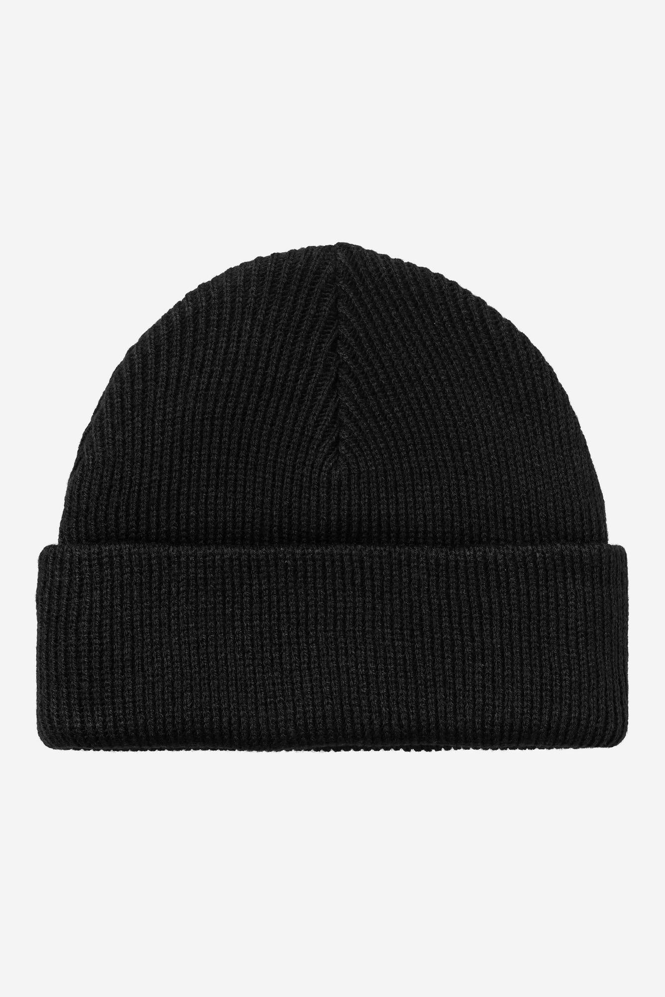 Black knit beanie on a white background