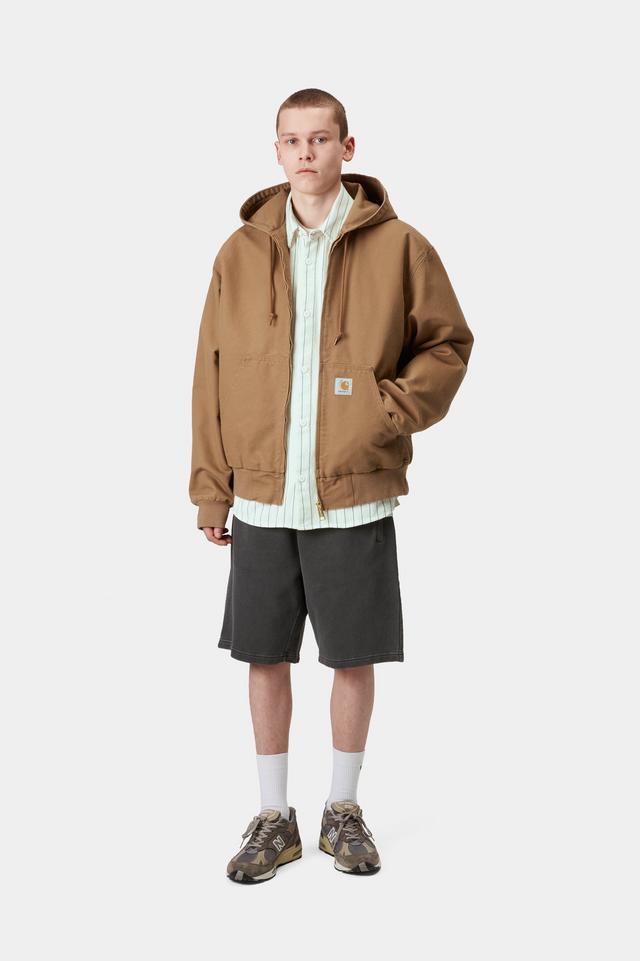 Person wearing a brown jacket, white shirt, gray shorts, and brown shoes on a white background