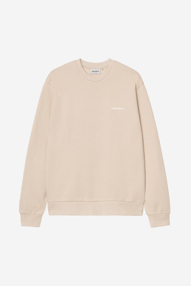 Beige sweatshirt with a small white logo on a light beige background