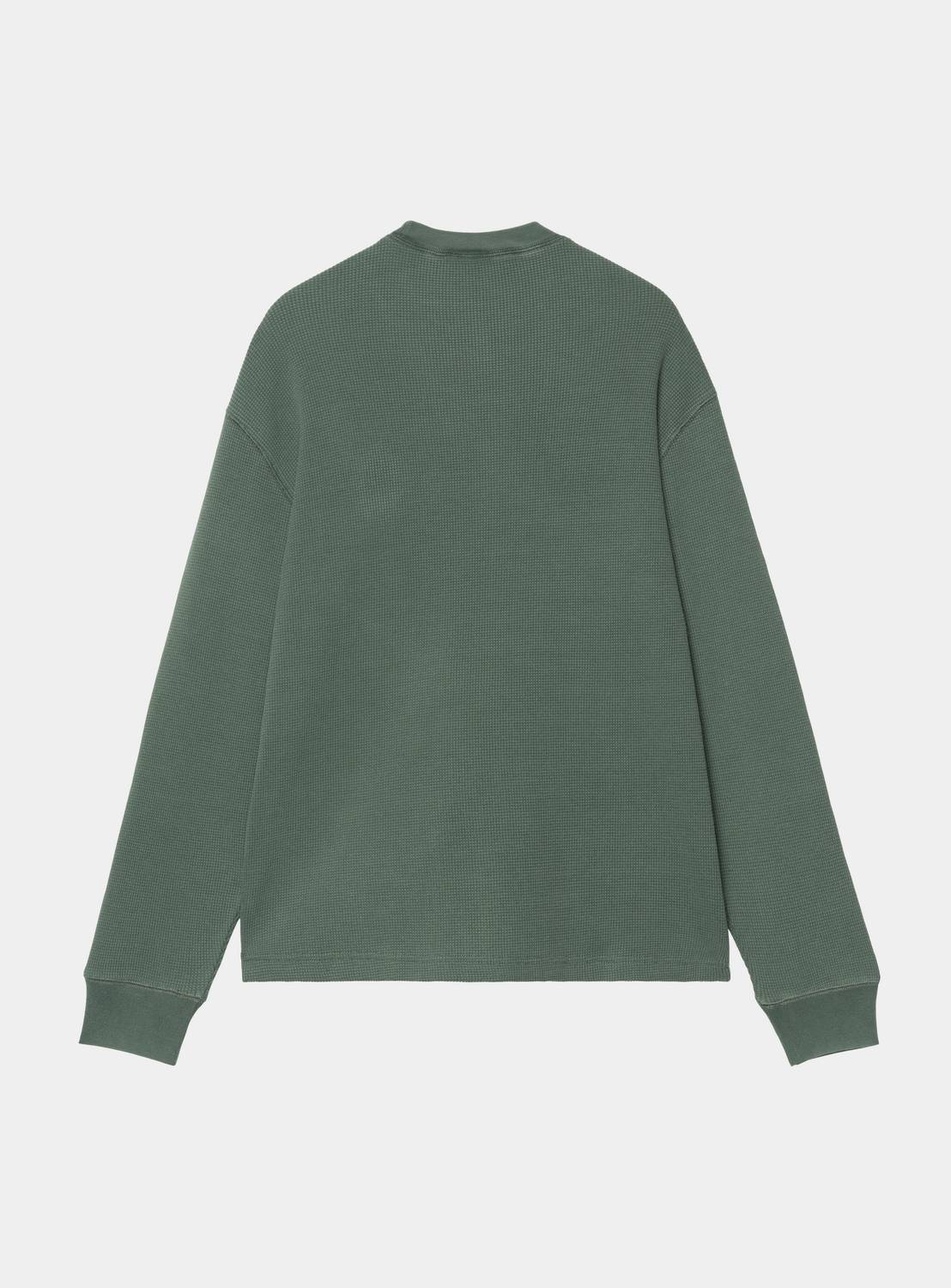 Carhartt WIP L/S Vista Waffle T-Shirt in Dark Scarab, back view, long sleeves and waffle texture visible.