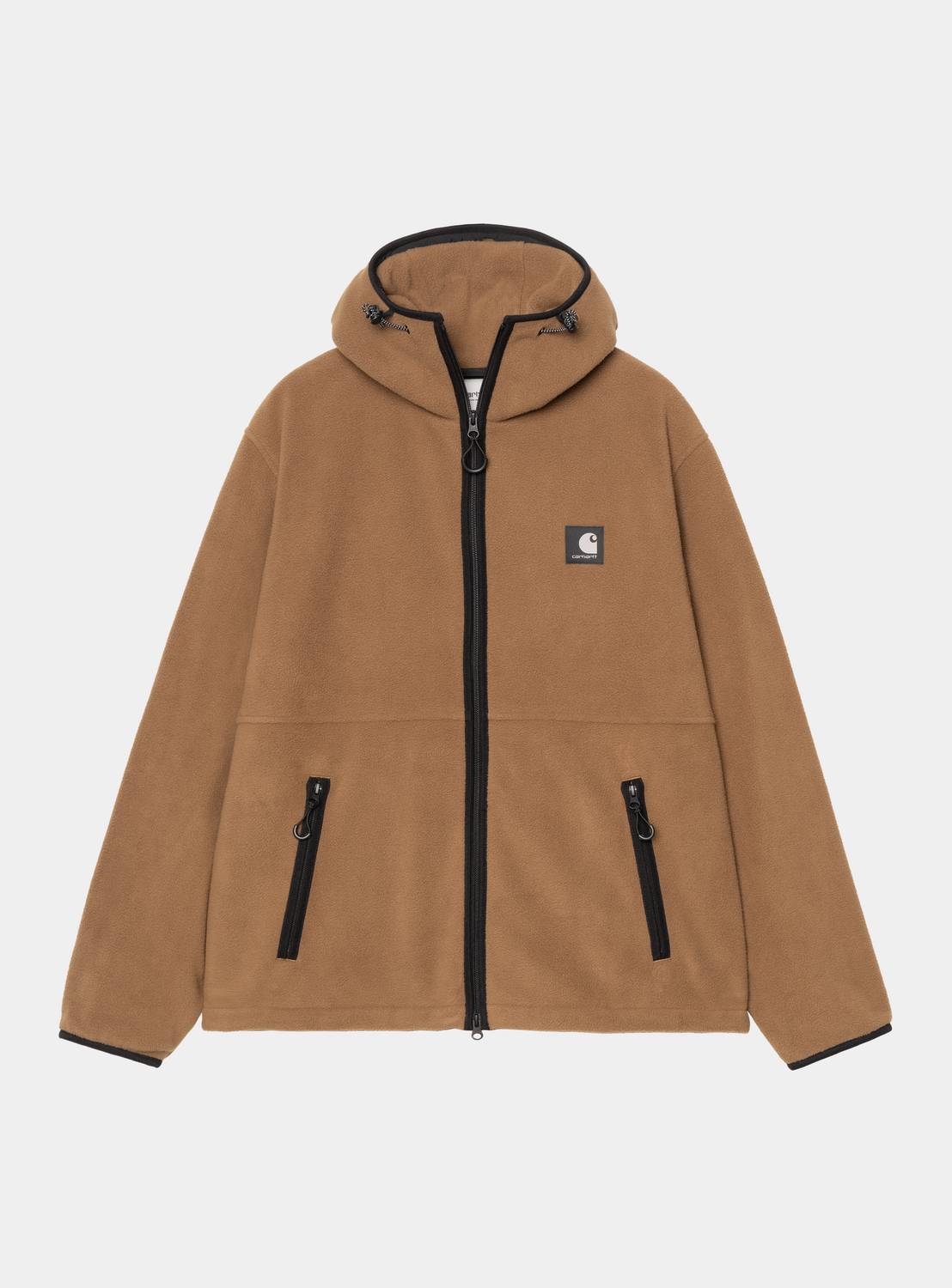Carhartt WIP Blevin Liner in WIP H Brown, front view with zip closure, hood, and zip pockets.