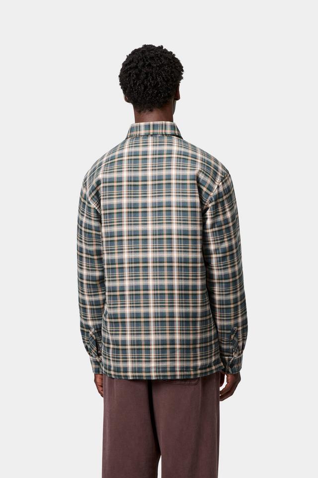Person wearing a plaid shirt from behind on a white background