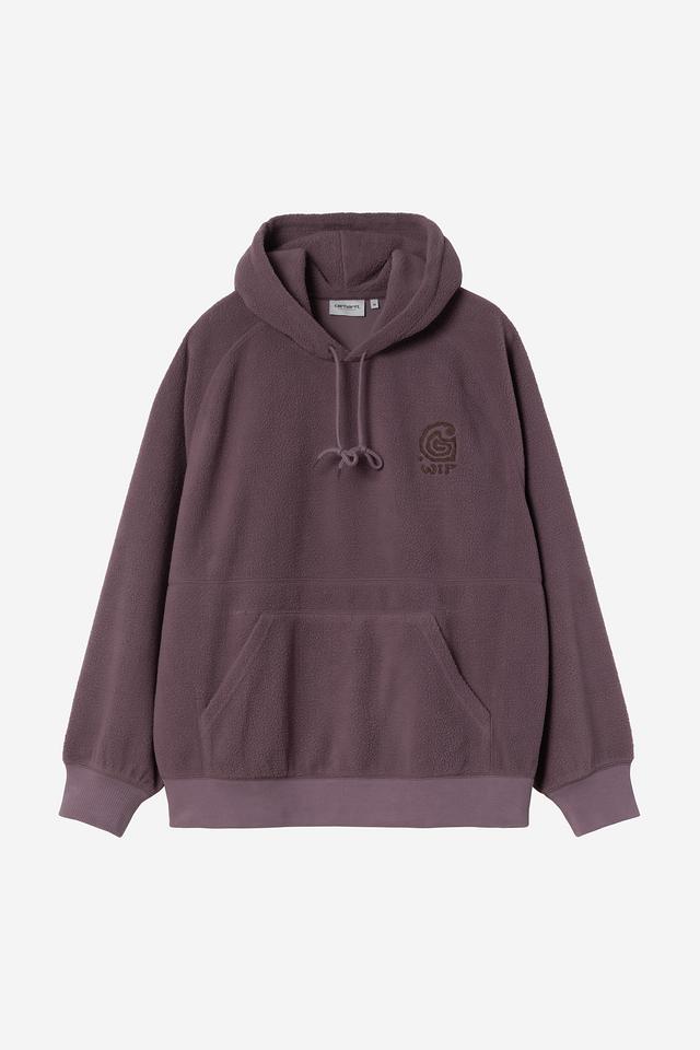 Purple hoodie with a logo on a white background