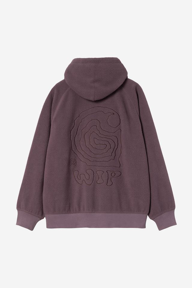 Purple hoodie with a logo on the back against a white background