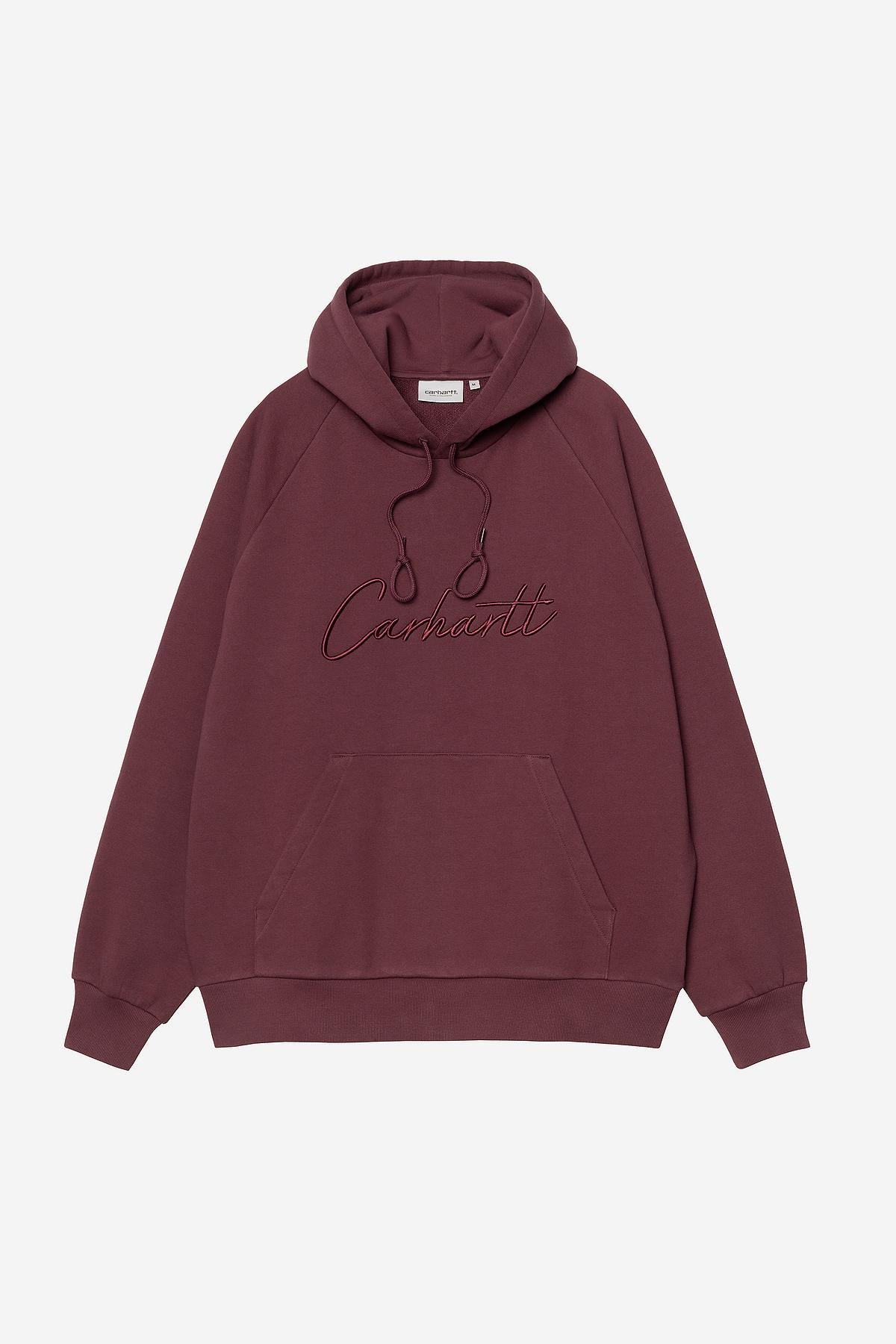 Maroon hoodie with brand logo on a light gray background