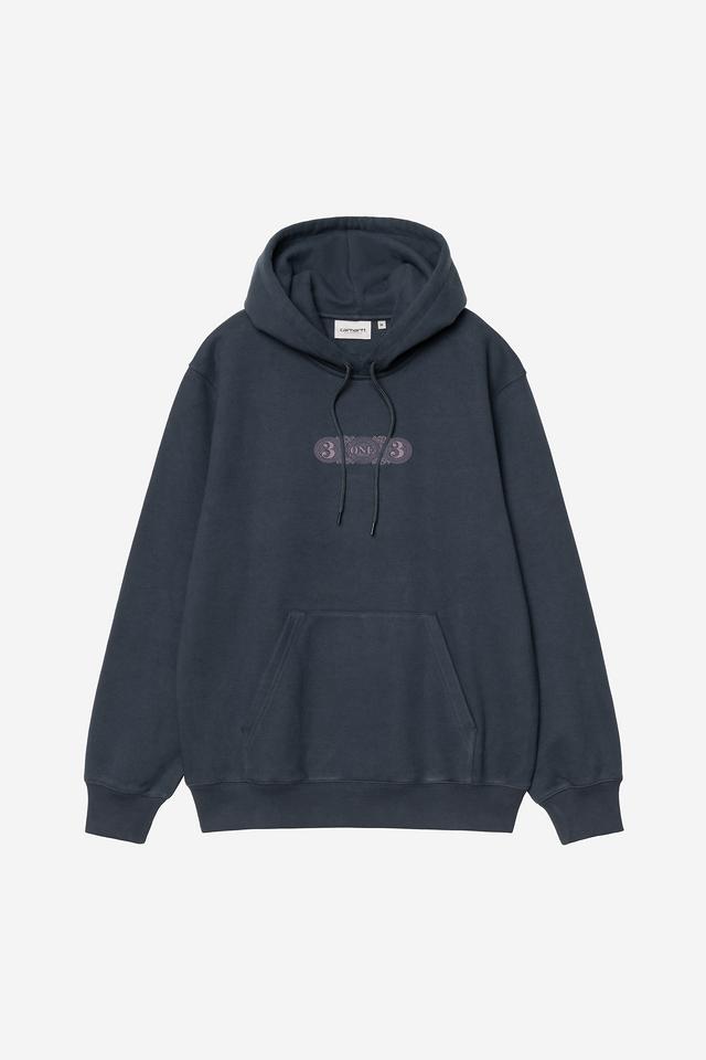 Dark blue hoodie with a small logo on a light gray background