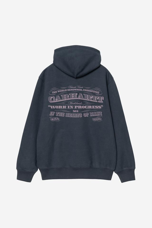 Dark blue hoodie with purple text on the back against a light gray background