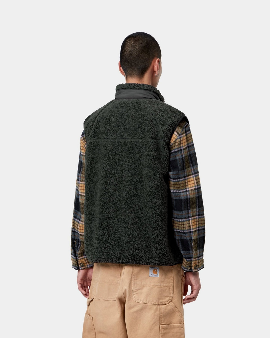 Carhartt WIP Prentis Vest Liner in Raven / Black, back view, showing the pile texture and funnel neck, shown on model.