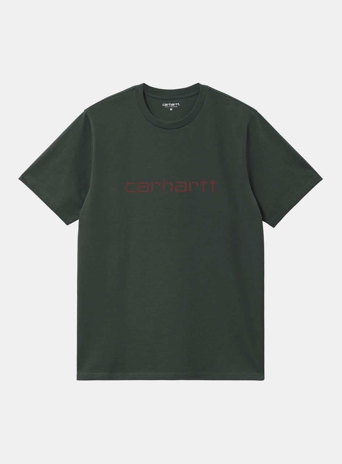 Carhartt WIP S/S Script T-Shirt in Dark Scarab / Palisander, front view with Carhartt script logo on the chest.