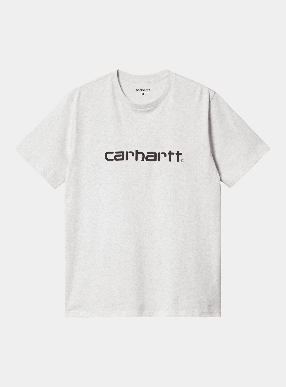 Carhartt WIP S/S Script T-Shirt in Ash Heather / Graphite, front view with Carhartt logo print on the chest.