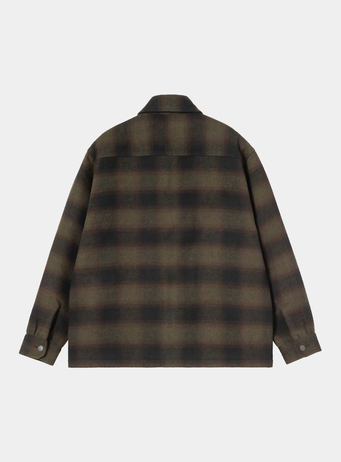 Back view of the Carhartt WIP Alton Jacket in Alton Check, Cypress, showing the allover check pattern, pointed collar, back yoke seam, and buttoned cuffs.