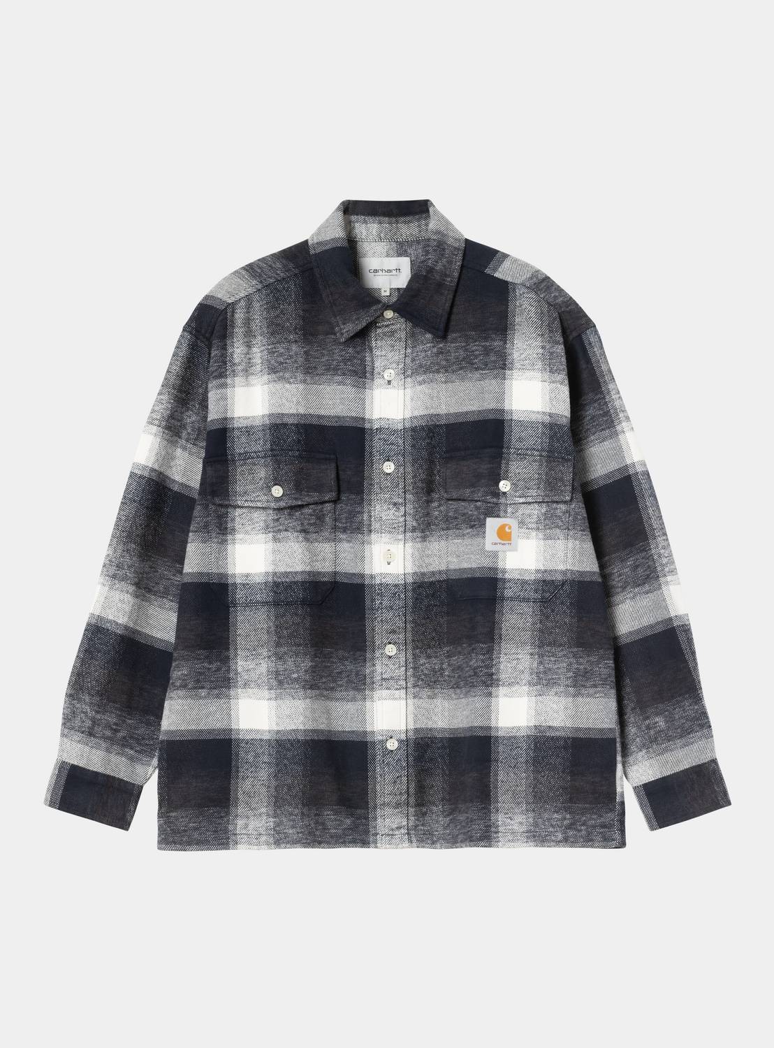 Carhartt WIP L/S Esterson Shirt in Esterson Check, Dark Navy, shown front view with allover check pattern, button front, chest pockets, and Square Label patch.