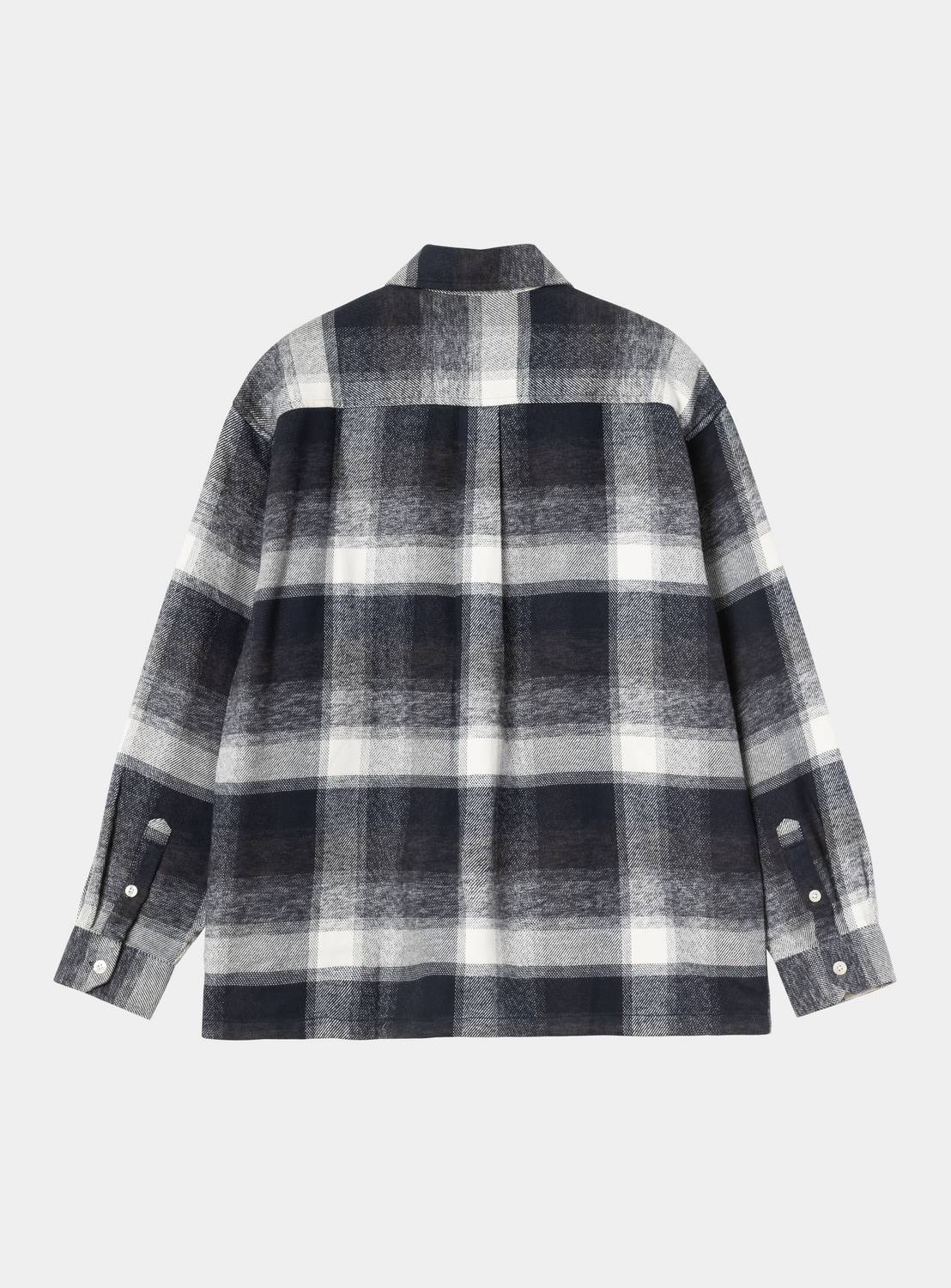 Carhartt WIP L/S Esterson Shirt in Esterson Check Dark Navy, back view, showing the allover check pattern and buttoned cuffs.