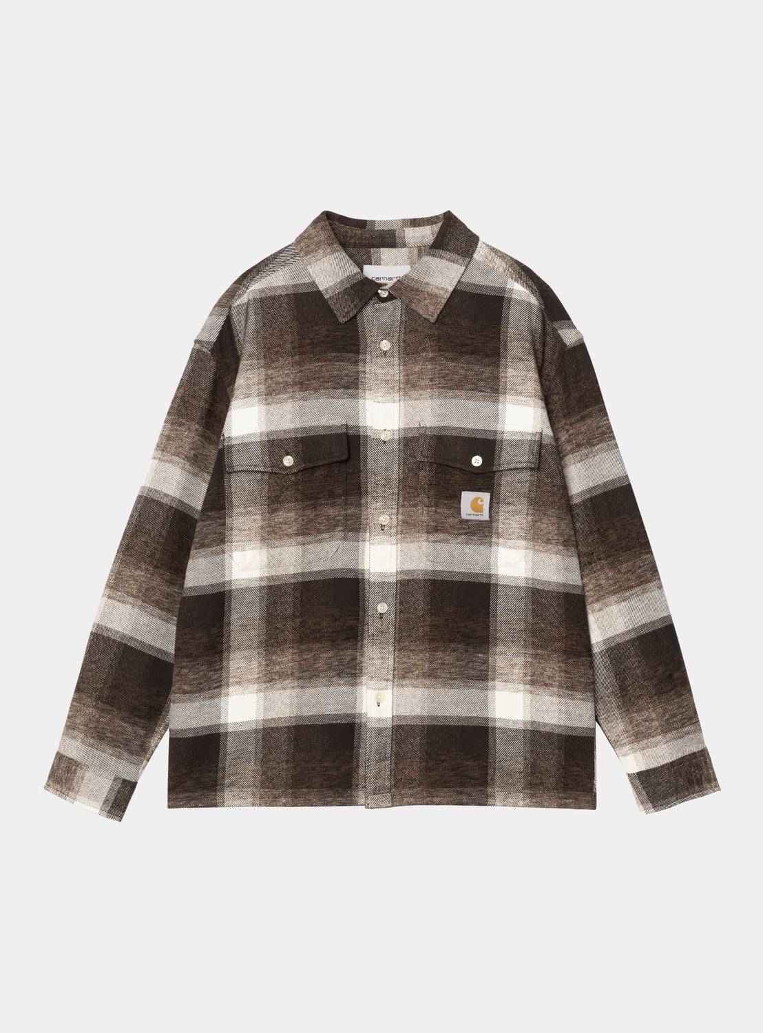 Carhartt WIP L/S Esterson Shirt in Esterson Check, Tobacco, front view with button closure, chest pockets and woven Square Label.