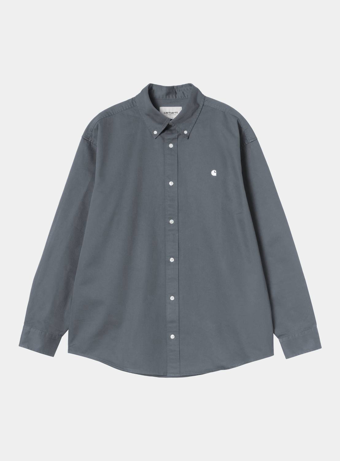 Carhartt WIP L/S OG Madison Shirt in Styx, front view, button-down collar and embroidered chest logo visible.
