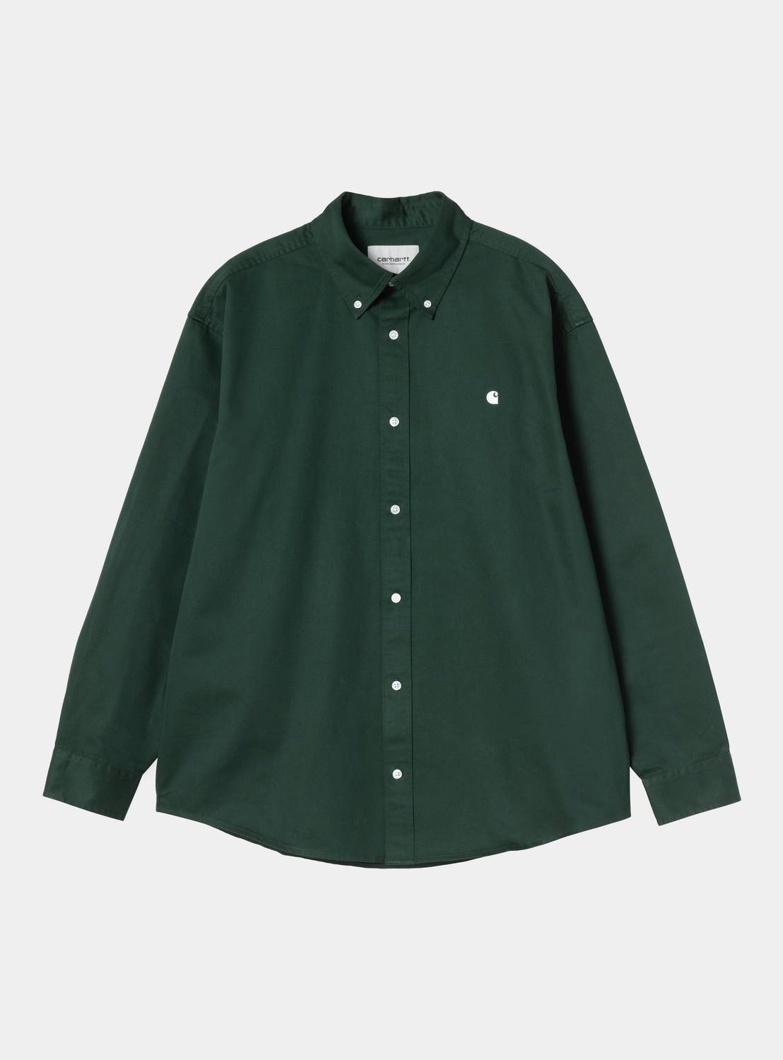Carhartt WIP L/S OG Madison Shirt in Dark Scarab, front view with button-down collar, long sleeves and embroidered chest logo.