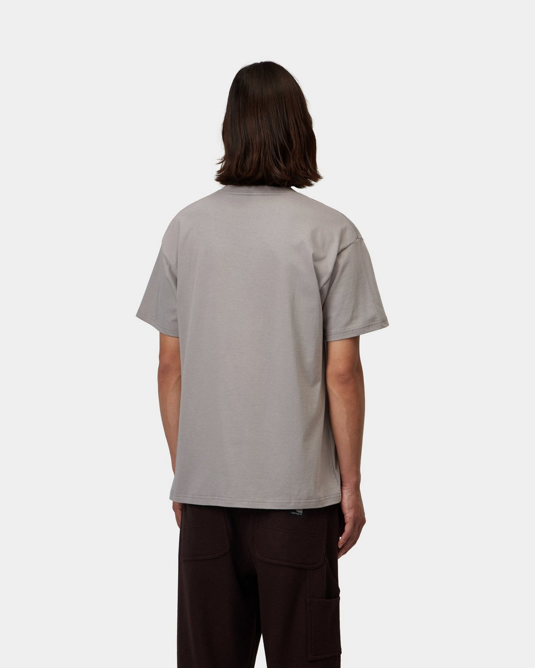 Carhartt WIP S/S Ice Fishing T-Shirt in Shady Grey, back view, worn by model