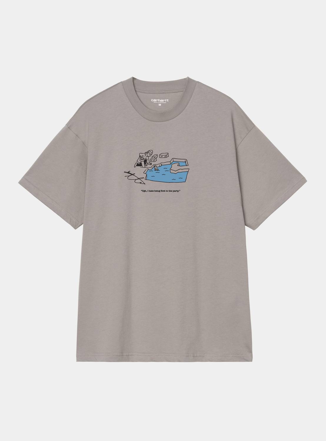 Carhartt WIP S/S Ice Fishing T-Shirt in Shady Grey, front view with graphic print on the chest.