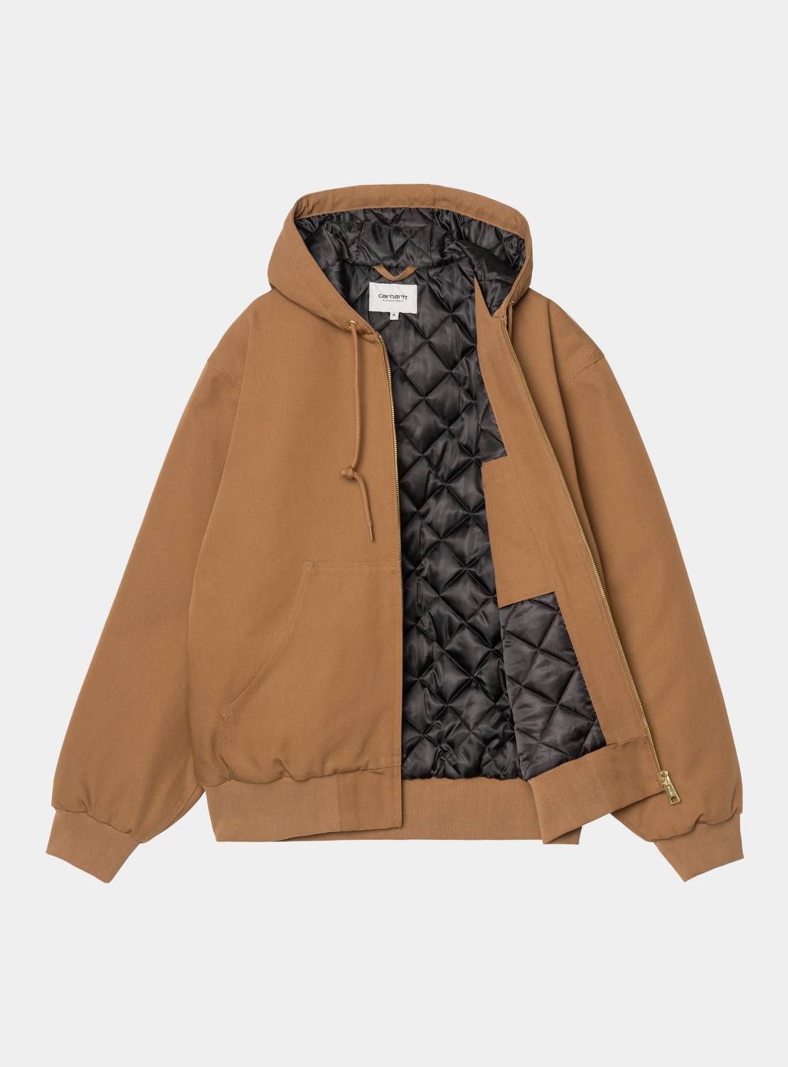 Carhartt WIP OG Active Jacket in WIP H Brown, front view with hood open, showing black quilted lining and ribbed cuffs and hem.