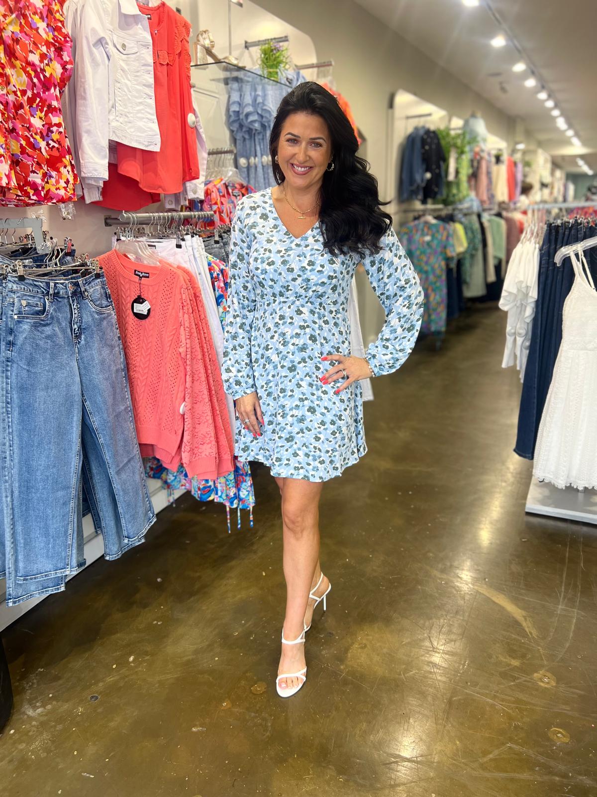 Ladies Nova Life V-Neck Long Sleeve Liva Mini Dress-Cashmere Blue-Model Front View