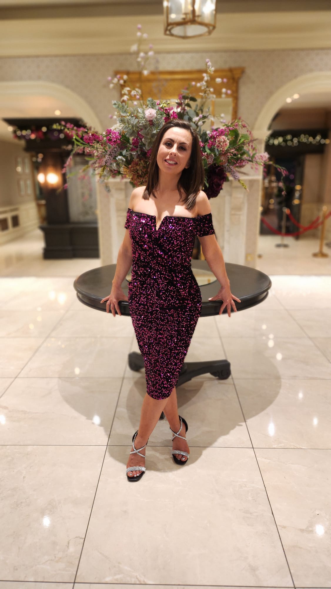 Halo Purple Velvet Sequin Off the Shoulder Midi Dress