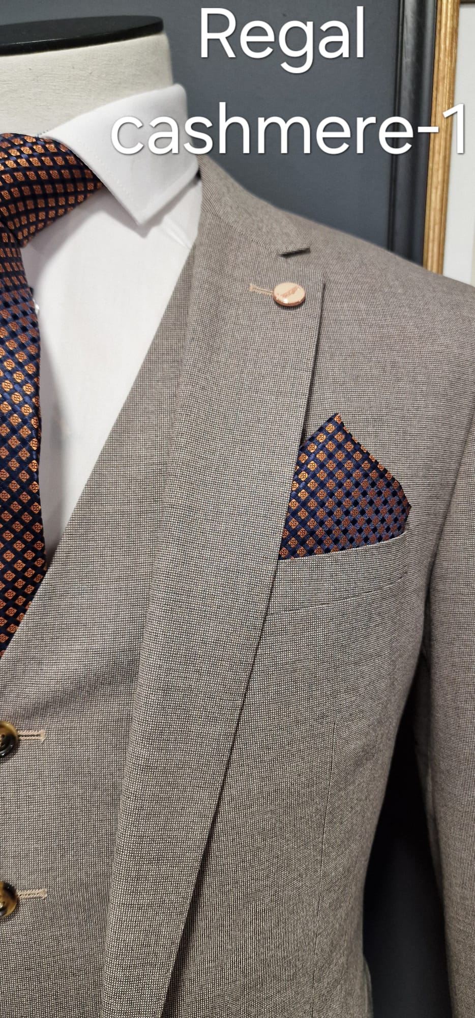 Men's Regal Cashmere 3 Piece Suit-Close Up Viw